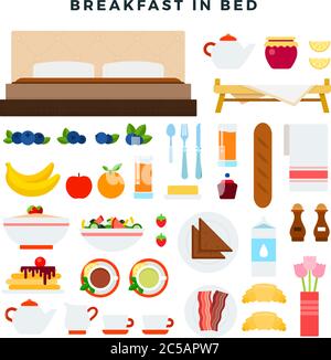 Frühstück im Bett Vektor flache Illustration. Set mit Tee, Saft, Obst, Speck, Pfannkuchen, Haferflocken für Web-Shop. Isoliert auf Weiß Stock Vektor