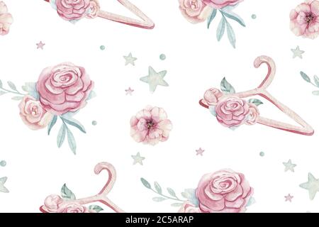 Baby Dusche Kind Schwan Aquarell Mädchen nahtlose Muster Schmetterling Cartoon Elemente. Set von Baby rosa Kleid und Baby stiefeletten Geburtstag Illustration Stockfoto