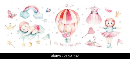 Baby Kind Schwan aquarell Mädchen design cartoon Elemente. Set von Baby rosa Geburtstag ballon Spielzeug kleid Abbildung. Neugeborene Partei Einladung Stockfoto