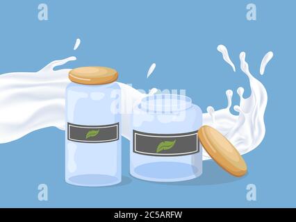 Glasgefäße mit weißem Flüssigkeitsspritzer Vektor flache Abbildung. Feuchtigkeitsspendende Creme, Kosmetikprodukt, weiße Cremegläser oder Milchsauer Sahne, Joghurt spritzt. Konzept der Hautpflege oder landwirtschaftlichen Produkte. Stock Vektor