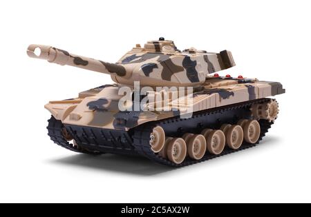 Gepanzerter militärischer Spielzeugpanzer isoliert auf Weiß. Stockfoto