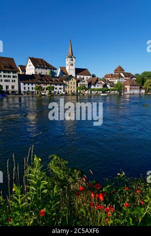 Diessenhofen am Hochrhein: Blick auf die Altstadt mit Pfarrkirche St. Dionysius, Kanton Thurgau, Schweiz Stockfoto