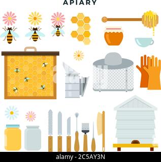 Apiary Werkzeuge und Ausrüstung, Satz von Symbolen. Alles für die Imkerei. Vektorgrafik in flacher Form. Stock Vektor