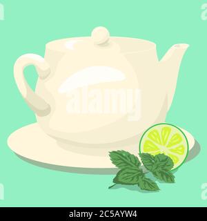 Keramik Teekanne mit Minztee und grünen Blättern Stock Vektor