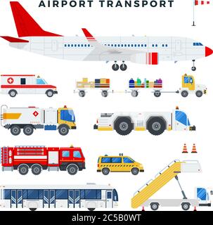 Flugzeuge und Fahrzeuge des Flughafenbodendienstes. Vektorgrafik in flacher Form. Stock Vektor