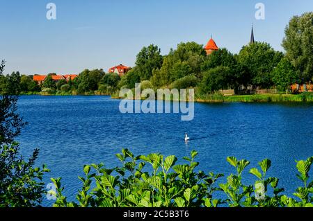 Dannenberg (Elbe): Blick über Thielenburger See auf Waldemarturm und Kirchturm St. Johannis, Landkreis Lüchow-Dannenberg, Niedersachsen Stockfoto