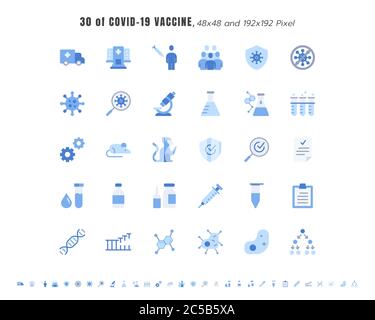 Einfacher Satz von Covid-19, Coronavirus-Impfstoff Entwicklung flache Farbe Symbole. Solche Symbole wie klinische Forschung, Antikörper, Labor, Immun, Behandlung, in Stock Vektor