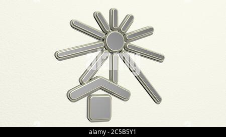 SONNE ÜBER HAUS an der Wand. 3D-Illustration von metallischen Skulptur auf einem weißen Hintergrund mit milder Textur. Schön und blau Stockfoto