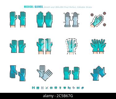 Einfaches Set von medizinischen Handschuhen. Covid-19 oder Coronavirus Disease 2019 Prävention im Zusammenhang. Ausgefüllte Kontur - Symbol für flache Farbe. 64x64 Pixel perfekt. Editab Stock Vektor