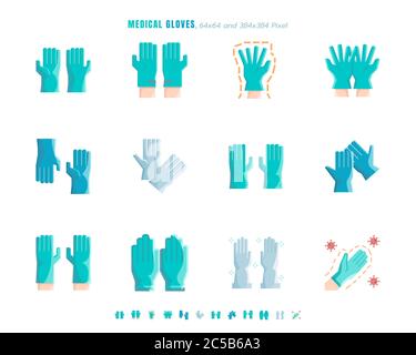 Einfaches Set von medizinischen Handschuhen. Covid-19 oder Coronavirus Disease 2019 Prävention im Zusammenhang. Flat Green, Blue, White Color Icons Set. 64x64 Pixel. Vektor I Stock Vektor