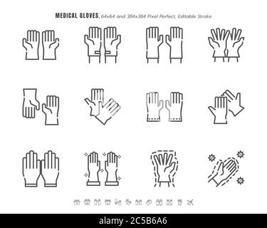 Einfaches Set von medizinischen Handschuhen. Covid-19 oder Coronavirus Disease 2019 Prävention im Zusammenhang. Linienführung, Symbolsatz. 64x64 Pixel perfekt. Bearbeitbare Kontur. Stock Vektor