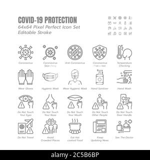Einfacher Satz Covid-19 Schutz Linie umrissene Symbole. Solche Symbole wie Maske, Handschuhe, Coronavirus-Verhinderung, hygienisch, vermeiden Sie engen Kontakt, Sozial distan Stock Vektor