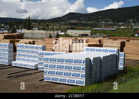 Gewickelte und unverpackte Holzstapel liegen auf dem Hof der Tolko Industries Lakeview Division in Williams Lake, British Columbia, Kanada. Stockfoto