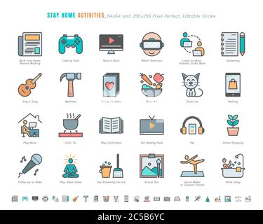 Einfache Set von Aufenthalt Home Aktivitäten für psychische Gesundheit während Coronavirus, Covid-19 Krise verbunden. Wie News Update, Kochen, Spiel. Ausgefüllte Gliederung I Stock Vektor