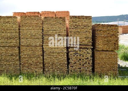 Stapel von Holzbrettern sitzen gestapelt in der Werft bei Tolko Industries Lakeview Division in Williams Lake, British Columbia, Kanada. Stockfoto