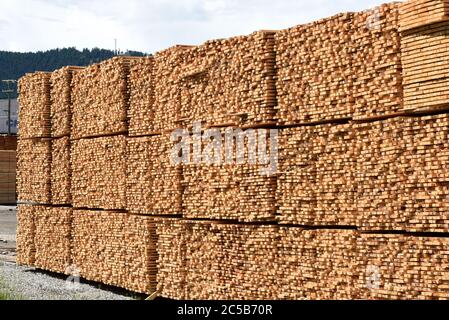 Stapel von Holzbrettern sitzen gestapelt in der Werft bei Tolko Industries Lakeview Division in Williams Lake, British Columbia, Kanada. Stockfoto