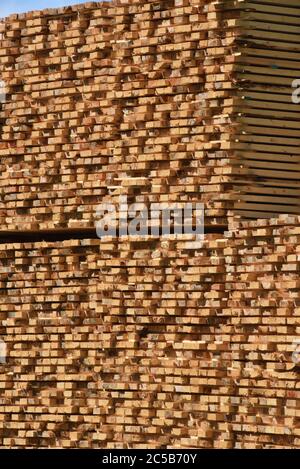 Stapel von Holzbrettern sitzen gestapelt in der Werft bei Tolko Industries Lakeview Division in Williams Lake, British Columbia, Kanada. Stockfoto