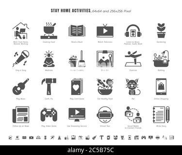 Einfache Set von Aufenthalt Home Aktivitäten für psychische Gesundheit während Coronavirus, Covid-19 Krise verbunden. Wie Nachrichten Update, Kochen, Spiel, Arbeit, Social Med Stock Vektor