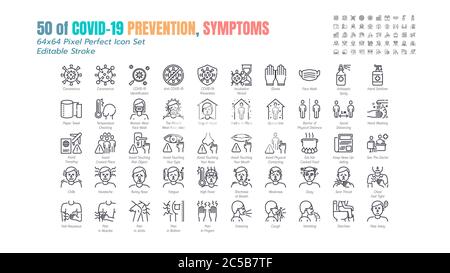 Einfache Satz von Covid-19 Prävention Linie Gliederungssymbole. Solche Symbole wie Schutzmaßnahmen, Coronavirus, soziale Distanzierung, Symptome, Quarantäne, Aufenthalt bei Stock Vektor