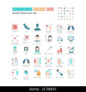 Einfache Satz von Coronavirus-Krankheit 2019 Covid-19 flache Symbole. Solche Symbole wie Symptome, Infektion, Laboruntersuchungen, soziale Distanzierung, Aufenthalt zu Hause, Quara Stock Vektor