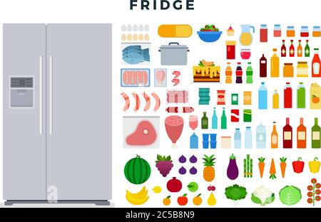 Großer moderner Kühlschrank und verschiedene Speisen, isoliert auf weißem Hintergrund. Vektorgrafik in flacher Form. Stock Vektor