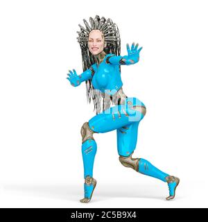 Super Cyborg lächelt und geht auf Zehenspitzen, 3d-Illustration Stockfoto