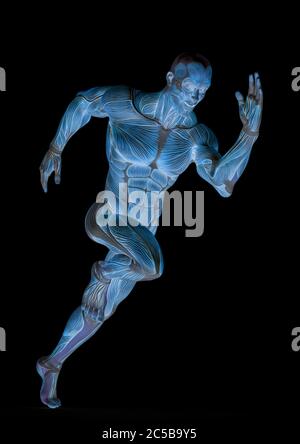 Muscleman Anatomie heroischen Körper läuft in weißem Hintergrund, 3d-Illustration Stockfoto