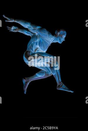 Muscleman Anatomie heroischen Körper springen in weißem Hintergrund, 3d-Illustration Stockfoto