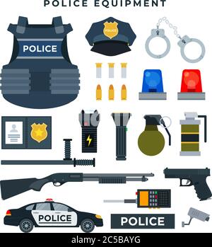 Polizei professionelle Ausrüstung, Set. Körperpanzerung, Polizeiabzeichen, Waffe, Kugeln, Handschellen, Taschenlampe, tragbares Radio, Polizeiauto und andere Elemente Stock Vektor