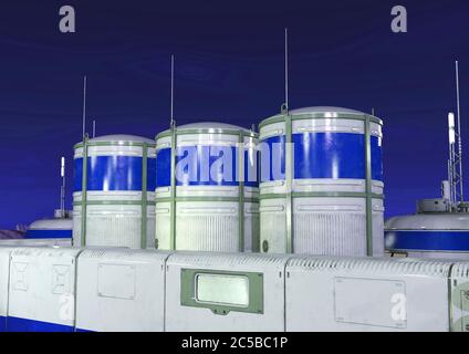 Zisterne Bild auf einer Basis in einem anderen Planetenbild, 3d-Illustration Stockfoto