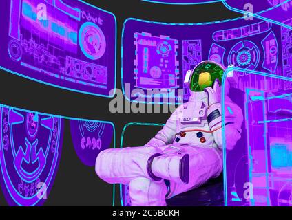 astronaut ist denken und sitzen in einem Bürohofsstuhl in einer virtuellen Realität Szene Vorderansicht, 3d-Illustration Stockfoto