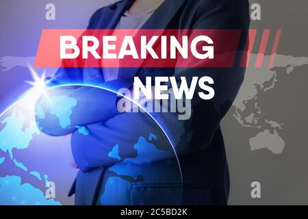 Breaking News Headline für Broadcast-Präsentation Hintergrund, Journalism Report Broadcasting und Global News Communication. Brechen Sie den News Reporter mit G Stockfoto
