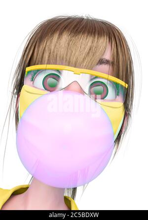 Krankenschwester Cartoon weht eine Blase mit Bubblegum id-Profil Bild in weißem Hintergrund, 3d-Illustration Stockfoto