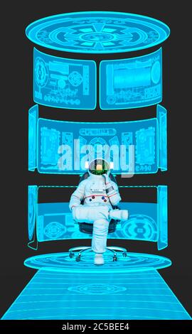 astronaut sitzt in einem Bürohocker in einer virtuellen Realität Szene Vorderansicht, 3d-Illustration Stockfoto