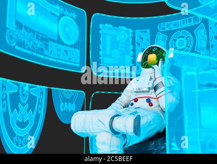 astronaut ist denken und sitzen in einem Bürohofsstuhl in einer virtuellen Realität Szene Vorderansicht, 3d-Illustration Stockfoto