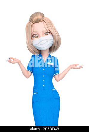 Blonde Krankenschwester Cartoon Tragen Maske wartet, 3d-Illustration Stockfoto