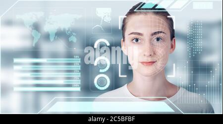 Futuristische künstliche Intelligenz biometrische Gesichtserkennung, Personal AI Identifizieren Sie Gesichtsscan mit Smart Virtual Interface Database Technology. Futu Stockfoto
