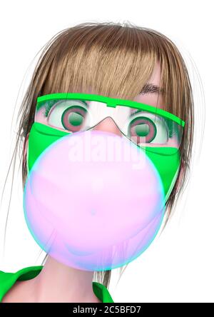 Krankenschwester Cartoon weht eine Blase mit Bubblegum id-Profil Bild in weißem Hintergrund, 3d-Illustration Stockfoto