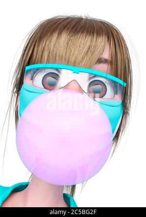 Krankenschwester Cartoon weht eine Blase mit Bubblegum id-Profil Bild in weißem Hintergrund, 3d-Illustration Stockfoto