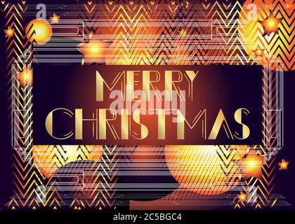 Art Deco Frohe Weihnachten Text. Dekorative Grußkarte, Schild mit Vintage-Buchstaben. Stock Vektor