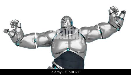 Super Muscle Roboter tanzt mit den Armen weit geöffnet, 3d-Illustration Stockfoto