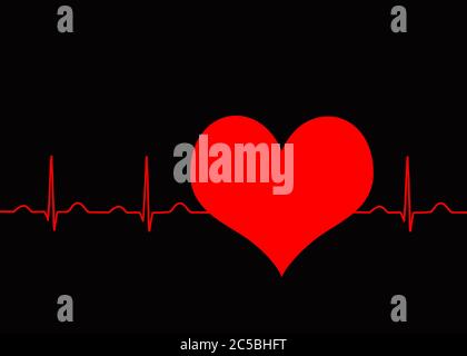 EKG normaler Sinusrhythmus Herzschlag auf dunklem Hintergrund, der durch ein Herz geht. Rot auf schwarzem Kontrast. Stockfoto