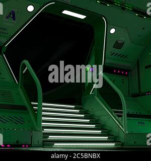 Cool Raumschiff geparkt Innenansicht Treppe weg auf weißem Hintergrund, 3d-Illustration Stockfoto