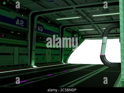 Cool Raumschiff geparkt Innenansicht auf weißem Hintergrund, 3d-Illustration Stockfoto