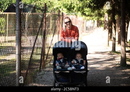 Junge Mutter, die mit ihren Babys geht und sie in einem schönen Kinderwagen trägt Stockfoto