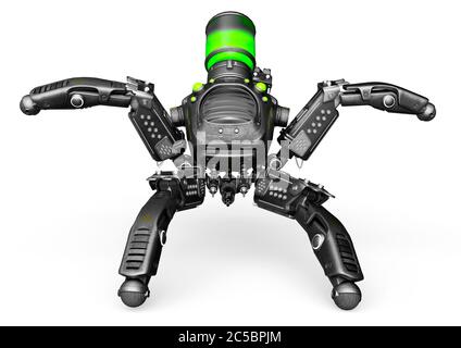 spider mech in weißem Hintergrund bereit, anzugreifen, 3d-Illustration Stockfoto