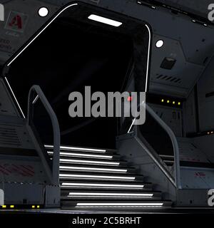 Cool Raumschiff geparkt Innenansicht Treppe weg auf weißem Hintergrund, 3d-Illustration Stockfoto