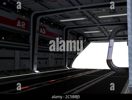 Cool Raumschiff geparkt Innenansicht auf weißem Hintergrund, 3d-Illustration Stockfoto