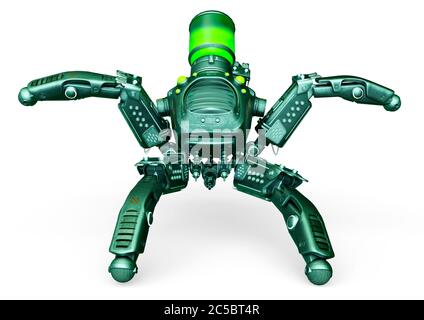spider mech in weißem Hintergrund bereit, anzugreifen, 3d-Illustration Stockfoto