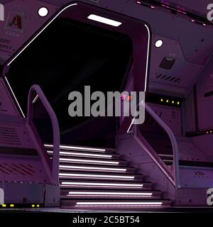 Cool Raumschiff geparkt Innenansicht Treppe weg auf weißem Hintergrund, 3d-Illustration Stockfoto